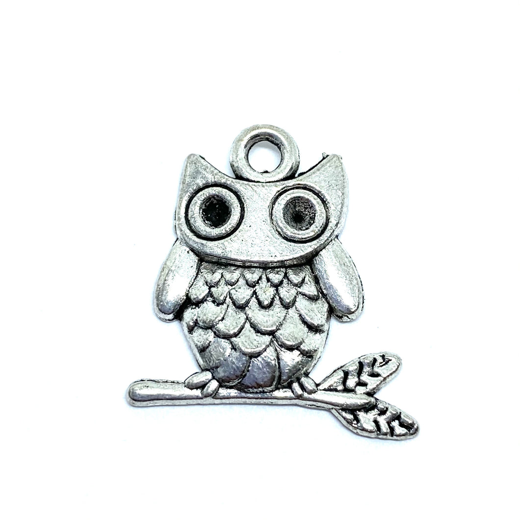 Silver Owl on Branch with Leaves