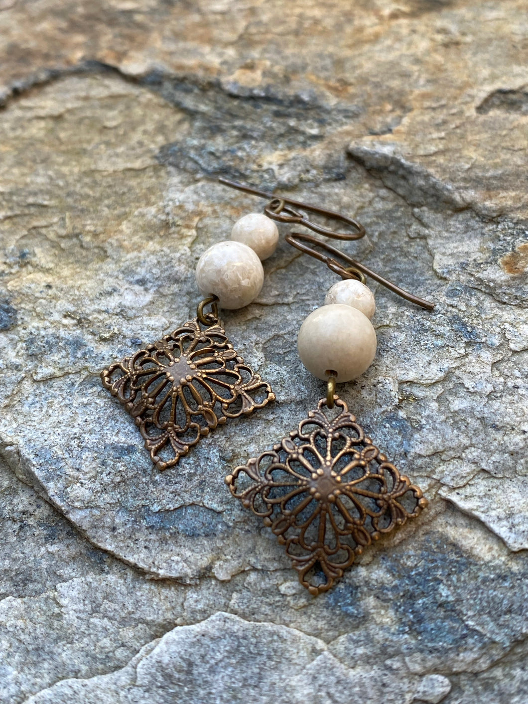 Fossil and Bronze Filigree Earrings - Yellowstone