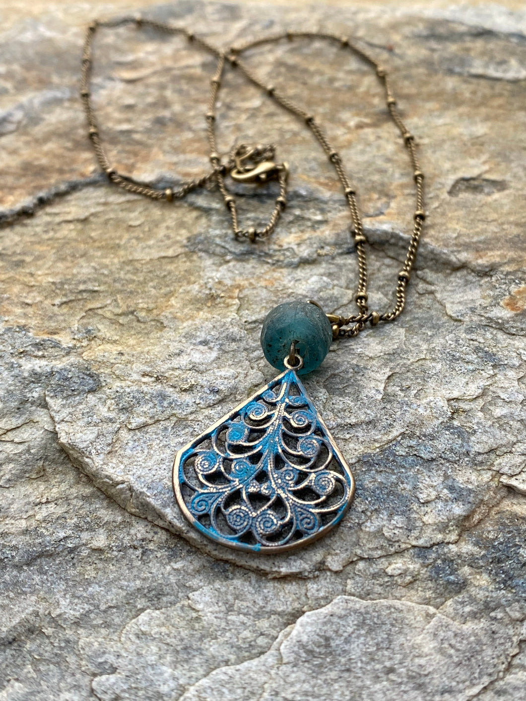 Blue Recycled Glass Filigree Necklace - Rocky Mountains